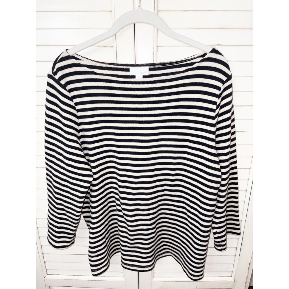 J Jill Striped Waffle Blouse Top Black And White Women Size Medium Boatneck
